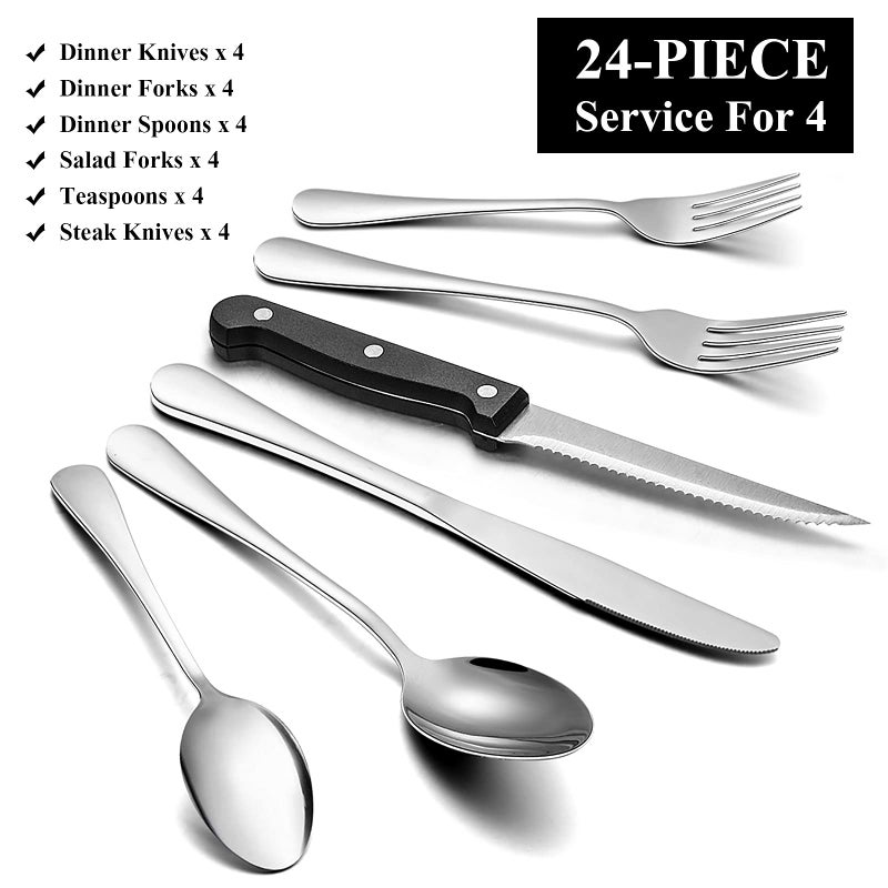 Wildone 24-Piece Flatware Set with Steak Knives, Stainless Steel Silverware Cutlery Set Service for 4, Tableware Eating Utensils Include Knives/Forks/Spoons, Mirror Polished, Dishwasher Safe - Image 2
